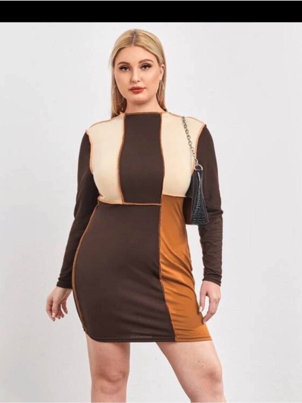 Colorblock Long Sleeve Bodycon Dress in Brown and Cream